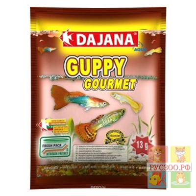 DAJANA Pet корм для рыб GUPPY GOURMET Flakes 80 мл хлопья с чесноком для гуппи и рыбок 2-5см.длин 
