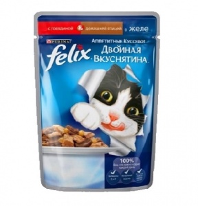  FELIX корм для кошек пауч "Двойная вкуснятина" кусочки с говядиной и птицей в желе 85г 