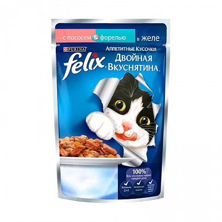  FELIX корм для кошек пауч "Двойная вкуснятина" кусочки с лососем и треской в желе 85г 