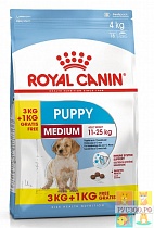ROYAL CANIN корм для щенков MEDIUM PUPPY 3+1кг средних пород в возрасте до 12 месяцев 