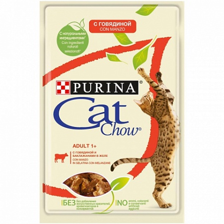  CAT CHOW корм для кошек пауч Adult 1+с говядиной и баклажанами в желе 85г.взрослых 1+  