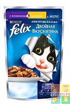 FELIX корм для кошек пауч "Двойная вкуснятина" кусочки с ягненком и курицей в желе 85г 
