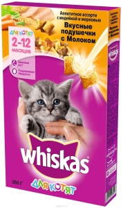  WHISKAS корм для котят"Вкусные подушечки" с молоком,апетитное ассорти с индейкой и морковью 350 гр. 