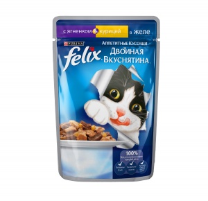  FELIX корм для кошек пауч "Двойная вкуснятина" кусочки с ягненком и курицей в желе 85г 
