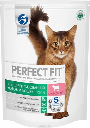 PERFECT FIT корм для кошек с говядиной 650 г.стерелизованных и кастрированных котов 