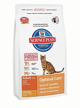  HILL'S корм для кошек Science Plan Optimal Adult Care со вкусом курицы 15 кг Весовой в возр от1 до 6 