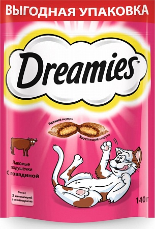  DREAMIES ДРИМС лакомство для кошек подушечки с говядиной 140 г 